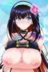  aoshima_yoshihiko arm_under_breasts bad_id bad_pixiv_id bangs bare_shoulders bikini_lift black_bikini_top black_hair blue_eyes blush breast_hold breasts choker claiomh_solais_(phantom_of_the_kill) collarbone commentary_request criss-cross_halter eyebrows_visible_through_hair flower gauntlets hair_flower hair_ornament hair_ribbon hairband halterneck hand_on_own_chest large_breasts long_hair looking_to_the_side multicolored_hair nipples phantom_of_the_kill red_hair ribbon single_gauntlet solo swimsuit two-tone_hair 