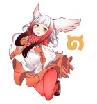  :d bangs black_footwear buttons eyebrows_visible_through_hair full_body furorina gloves gradient_hair head_wings japanese_crested_ibis_(kemono_friends) kemono_friends long_sleeves looking_at_viewer mary_janes multicolored_hair open_mouth orange_gloves orange_skirt pantyhose pleated_skirt red_legwear shoes short_hair_with_long_locks simple_background skirt smile solo tail thigh_gap white_background wide_sleeves yellow_eyes 