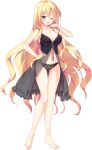  ;d absurdres ass_visible_through_thighs babydoll barefoot black_panties blonde_hair blush breasts collarbone eyebrows_visible_through_hair full_body hand_on_hip hand_to_head highres large_breasts lingerie long_hair looking_at_viewer official_art one_eye_closed open_mouth panties shougun-sama_wa_otoshigoro shouna_mitsuishi smile solo standing strap_slip tokugawa_muneharu transparent_background underwear very_long_hair 