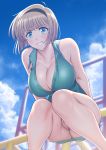  arms_behind_back ass bare_shoulders blonde_hair blue_dress blue_sky blurry blush breasts cleavage cloud collarbone day depth_of_field dress eyebrows_visible_through_hair green_eyes grin hairband highres hosokawa_miki jigoku_sensei_nube large_breasts looking_at_viewer no_bra no_panties outdoors parted_lips playground pussy short_hair sky sleeveless sleeveless_dress smile solo squatting suzume_inui sweat teeth uncensored 