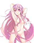  armpits arms_up bangs breasts closed_mouth commentary_request cowboy_shot expressionless eyebrows_visible_through_hair furorina hair_between_eyes hair_censor hair_over_breasts hair_over_crotch hata_no_kokoro highres long_hair looking_at_viewer navel nude pink_eyes pink_hair sidelocks small_breasts solo touhou very_long_hair 