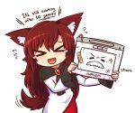 &gt;_&lt; :d animal_ear_fluff animal_ears bandaid blush brown_hair commentary crack dress english facial_hair flying_sweatdrops imaizumi_kagerou long_hair long_sleeves mustache open_mouth smile sparkle tablet tail tears touhou wacom wolf_ears wolf_tail wool_(miwol) xd 