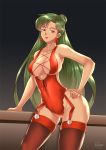  bishoujo_senshi_sailor_moon black_background breasts cleavage contrapposto earrings expressionless green_hair hair_bun hand_on_hip haryudanto jewelry large_breasts leotard long_hair looking_at_viewer meiou_setsuna red_eyes red_legwear red_leotard red_lips signature simple_background solo standing thigh_strap thighhighs 