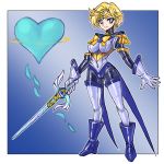  alternate_costume ankle_boots bangs bishoujo_senshi_sailor_moon blonde_hair blue blue_background blue_bodysuit blue_eyes blue_footwear blue_gloves blue_sailor_collar bodysuit boots bow brooch circlet closed_mouth full_body gloves heart highres holding holding_sword holding_weapon jewelry looking_at_viewer magical_girl oomasa_teikoku parted_bangs sailor_collar sailor_uranus shiny short_hair simple_background skin_tight smile solo space_sword standing sword ten'ou_haruka very_short_hair weapon yellow_bow 