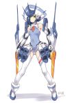 bare_shoulders blue_hair boots commentary_request darling_in_the_franxx dated delphinium_(darling_in_the_franxx) frown green_eyes hair_ornament hair_over_eyes hairclip highres ichigo_(darling_in_the_franxx) leotard mecha_musume necktie short_hair signature simelu thighhighs white_background 