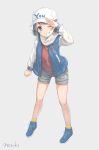  artist_name blue_eyes blue_footwear character_name commentary_request full_body grey_background grey_hair grey_shorts grin hat headwear_writing highres honorikiti jacket looking_at_viewer love_live! love_live!_sunshine!! one_eye_closed salute shoes shorts simple_background smile sneakers socks solo watanabe_you yellow_legwear 