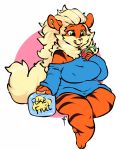  arcanine chibi clothing eating exposed_shoulder felicia_embermane female food fruit green_eyes licking licking_lips nintendo piercing pok&eacute;mon pok&eacute;mon_(species) snack sweater thick_tail thick_thighs tiki_san tongue tongue_out tuft video_games 