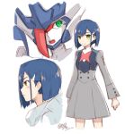  blue_hair blush clenched_hand commentary_request darling_in_the_franxx dated delphinium_(darling_in_the_franxx) from_side frown green_eyes hair_ornament hairclip ichigo_(darling_in_the_franxx) mecha military military_uniform multiple_views open_mouth short_hair signature simelu smile standing uniform white_background 