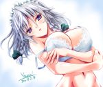  artist_name bare_shoulders blue_eyes bra braid breasts cleavage commentary_request dated eyebrows_visible_through_hair izayoi_sakuya large_breasts looking_at_viewer silver_hair solo touhou twin_braids underwear underwear_only white_bra yamu_(reverse_noise) 