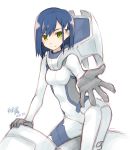  blue_hair blush bodysuit commentary_request darling_in_the_franxx dated gloves green_eyes grey_gloves hair_ornament hairclip ichigo_(darling_in_the_franxx) looking_at_viewer pilot_suit reaching_out short_hair signature simelu straddling uniform white_background white_bodysuit 