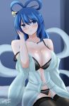  artist_name bare_shoulders black_bra black_legwear blue_eyes blue_hair blush bra breasts cleavage closed_mouth commentary_request dated hair_ornament hair_rings hair_stick highres hisin kaku_seiga large_breasts long_hair looking_at_viewer smile solo thighhighs touhou underwear 