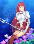  armor boobplate boots breastplate fire_emblem fire_emblem:_kakusei flower gauntlets holding holding_spear holding_weapon long_hair looking_at_viewer pauldrons polearm red_eyes red_hair sitting smile solo spear tiamo weapon 