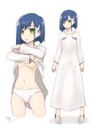  blue_hair blush breasts commentary_request darling_in_the_franxx dated green_eyes hair_ornament hairclip highres ichigo_(darling_in_the_franxx) medium_breasts midriff multiple_views navel nightgown nightgown_lift open_mouth panties short_hair signature simelu slippers standing stomach underboob underwear white_background white_panties 