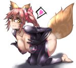  absurdres animal_ears barefoot breasts cleavage collarbone fang fate/grand_order fate_(series) fox_ears fox_tail glasses heart highres kisaragi_(legobionicle23) large_breasts looking_at_viewer pink_hair semi-rimless_eyewear side_ponytail simple_background solo speech_bubble tail tamamo_(assassin)_(fate) tamamo_(fate)_(all) white_background yellow_eyes 