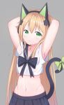  absurdres animal_ears armpits arms_up bangs black_bow black_skirt blonde_hair blush bow breasts cat_ear_headphones cat_ears cat_girl cat_tail closed_mouth commentary crop_top eyebrows_visible_through_hair girls_frontline green_bow green_eyes grey_background hair_between_eyes hand_behind_head headphones highres long_hair midriff navel pleated_skirt school_uniform serafuku shirt short_sleeves simple_background skirt small_breasts solo starfox1015 tail tail_bow tail_raised tmp_(girls_frontline) very_long_hair white_shirt 