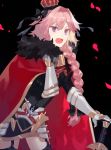  :d astolfo_(fate) bangs black_background black_bow black_legwear black_shirt black_skirt bow braid buckle cherry_blossoms commentary_request cowboy_shot crown eyebrows_visible_through_hair fang fate/apocrypha fate_(series) faulds from_side fur-trimmed_cloak fur_collar garter_straps gauntlets gold_trim gorget hair_bow hair_intakes hair_over_shoulder hand_up highres holding holding_sword holding_weapon horn_(instrument) leaning_forward legs_apart long_hair long_sleeves looking_at_viewer looking_to_the_side male_focus mini_crown miniskirt multicolored_hair open_mouth otoko_no_ko parted_bangs pink_hair puffy_long_sleeves puffy_sleeves purple_eyes red_cloak shirt shuukenyuu simple_background single_braid skirt smile solo standing streaked_hair sword thighhighs turtleneck two-tone_hair weapon white_hair zettai_ryouiki 