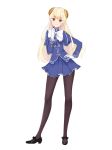  bangs black_footwear black_legwear blonde_hair blue_shirt blue_skirt blunt_bangs blush bow bowtie capcom_fighting_jam chu_(huaha1320) closed_mouth contrapposto eyebrows_visible_through_hair frilled_skirt frills full_body gloves hairpods hand_on_hip highres index_finger_raised ingrid legs_apart long_hair long_sleeves mary_janes pantyhose petticoat red_eyes shiny shiny_hair shirt shoes simple_background skirt smile solo standing straight_hair street_fighter tareme very_long_hair white_background white_bow white_gloves white_neckwear 