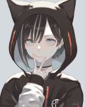  animal_ears animal_hood black_hair blue_eyes closed_mouth earrings eyes_visible_through_hair fingernails grey_background hand_up highres hood jacket jewelry kirudai long_sleeves looking_at_viewer male_focus original short_hair signature simple_background sleeves_past_wrists solo upper_body v 