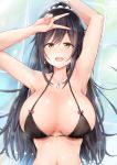  armpits arms_up bangs bare_shoulders bikini black_bikini black_hair blush breasts collarbone commentary_request dog_tags earrings eyebrows_visible_through_hair hair_between_eyes hand_gesture idolmaster idolmaster_shiny_colors jewelry large_breasts long_hair looking_at_viewer neneru open_mouth ponytail shirase_sakuya smile solo swimsuit v yellow_eyes 
