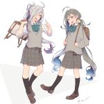  ahoge alternate_costume asashimo_(kantai_collection) backpack bag black_legwear blue_hair bow bowtie colis full_body green_bow green_neckwear grey_eyes grey_hair grey_skirt grey_sweater hair_between_eyes hair_bun hair_over_one_eye kantai_collection kiyoshimo_(kantai_collection) kneehighs loafers long_hair low_twintails multicolored_hair multiple_girls plaid plaid_skirt pleated_skirt ponytail school_bag school_uniform shoes silver_hair simple_background skirt sleeves_pushed_up standing sweater sweater_vest twintails twitter_username upper_teeth very_long_hair white_background 