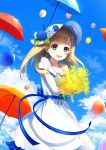  :d back_bow balloon blonde_hair blue_bow blue_eyes blue_flower blue_sky blue_umbrella bouquet bow cloud collarbone day dress floating_hair flower hat hat_flower highres holding holding_bouquet long_hair looking_at_viewer omelet_tomato open_mouth orange_umbrella original outdoors sky sleeveless sleeveless_dress smile solo standing striped striped_bow sun_hat sundress white_dress white_flower white_hat yellow_flower 