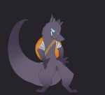  2018 4_fingers animal_genitalia anthro aquestionableponyblog blue_eyes claws clothing digital_media_(artwork) digitigrade edit eyebrows female flat_chested fur grey_background hi_res invalid_color kobold looking_aside looking_at_viewer nipples presenting presenting_pussy purple_iris purple_pussy purple_tail pussy reptile scalie sharp_teeth simple_background slit smile solo spread_legs spreading standing teeth thick_tail toe_claws toes tuft 