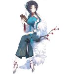  bangs black_hair blue_dress blue_hair blush braid branch breasts china_dress chinese_clothes crossed_legs dress earrings fingernails full_body gradient_hair grey_legwear hair_ornament high_heels highres holding jewelry large_breasts long_hair looking_at_viewer miemia multicolored_hair nail_polish noah_fantasy official_art pantyhose parted_bangs parted_lips pink_eyes pink_nails simple_background sitting smile solo tassel white_background white_legwear wristband 