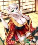  2018 anthro big_breasts blue_eyes breasts chest_tuft chopsticks cleavage clothed clothing digital_media_(artwork) fangs feline female firestorm3 food fur green_eyes hair heterochromia japanese_clothing kimono lion mammal meowowo saber_(firestorm3) smile solo sushi tuft voluptuous 