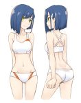  ass back bare_shoulders blue_hair blush collarbone commentary_request darling_in_the_franxx eyebrows_visible_through_hair from_behind green_eyes hair_ornament hairclip happy head_tilt highres ichigo_(darling_in_the_franxx) looking_away midriff multiple_views navel no_shirt open_mouth panties short_hair shy simelu smile sports_bra standing stomach teeth thighs turnaround underwear white_background white_panties 