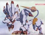  claws commentary_request darling_in_the_franxx fog glowing glowing_eyes horn lion looking_at_viewer mecha nandz no_humans polearm solo sparks strelizia tail weapon 