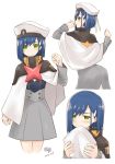  blue_hair blush commentary_request darling_in_the_franxx dated embarrassed from_behind green_eyes hair_ornament hairclip highres ichigo_(darling_in_the_franxx) looking_at_viewer looking_away military military_uniform multiple_views profile raised_fist short_hair signature simelu smile standing uniform white_background 