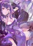  1girl bangs bare_shoulders breasts cleavage commentary_request detached_sleeves dress eyebrows_visible_through_hair fate/grand_order fate_(series) headpiece jewelry large_breasts long_hair looking_at_viewer purple_hair red_eyes scathach_(fate)_(all) scathach_skadi_(fate/grand_order) see-through solo thigh_strap tiara 