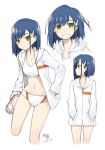  blue_hair blush commentary_request darling_in_the_franxx dated green_eyes hair_ornament hairclip highres hood hoodie ichigo_(darling_in_the_franxx) looking_at_viewer looking_to_the_side midriff multiple_views navel open_mouth panties sandals short_hair signature simelu smile sports_bra standing stomach underwear white_background white_hoodie white_panties 