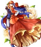  1girl blue_eyes blue_hair blush cape couple delsaber dress fire_emblem fire_emblem:_fuuin_no_tsurugi fire_emblem_heroes full_body gift gloves hat hetero highres hug jewelry lilina long_hair open_mouth red_hair roy_(fire_emblem) short_hair simple_background smile 