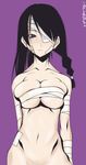  bandage_over_one_eye bandages black_hair bottomless braid breasts cleavage eyepatch hair_over_one_eye k.m.station kobushi_abiru large_breasts long_hair midriff navel purple_eyes sarashi sayonara_zetsubou_sensei solo underboob 