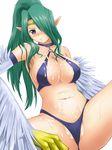  1girl bare_shoulders blue_panties blush body_blush breasts chains choker circlet claws cleavage collarbone cum cum_on_body cum_on_breasts cum_on_lower_body cum_on_upper_body duel_monster female frown green_hair hair_over_one_eye halter_top halterneck harpie_queen harpy igusa_(pixiv256267) large_breasts long_hair looking_at_viewer monster_girl mound_of_venus navel panties pointy_ears ponytail shiny shiny_hair shiny_skin simple_background solo spread_legs talons thighs thong underwear white_background wings yu-gi-oh! yuu-gi-ou_duel_monsters 