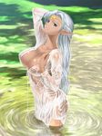  areolae arm_up breasts bursting_breasts circlet cleavage covered_nipples curvy dark_elf dark_skin dress elf green_eyes hands jewelry large_breasts lingerie long_hair no_bra open_clothes open_shirt outdoors pirotess pointy_ears record_of_lodoss_war see-through shirt silver_hair solo tonbidou underwear very_long_hair wading water wavy_hair wet wet_clothes white_hair 