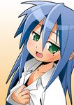  bad_id bad_pixiv_id blue_hair downblouse flat_chest green_eyes izumi_konata kaeru_kenshi long_hair lucky_star mole mole_under_eye nipples shirt_pull solo 