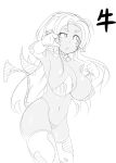  1girl animal_ears animal_print bell breasts cow_bell cow_ears cow_print dark_skin demon_tail huge_breasts long_hair monochrome original potion_(moudamepo) solo tail thighhighs very_long_hair 