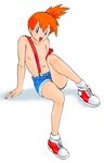  1girl arm_support bare_shoulders blue_eyes breasts gym_leader kasumi_(pokemon) legs looking_at_viewer misty naked_suspenders navel nintendo open_mouth orange_hair pokemon ponytail shoes short_hair shorts side_ponytail simple_background sitting smile sneakers solo suspenders white_background 