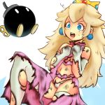  1girl blonde_hair bob-omb dress earrings female jewelry mario_(series) nintendo open_mouth panties princess_peach super_mario_bros. tears tenteco_(covamin) torn_clothes underwear 