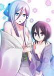  bare_shoulders black_hair bleach bleach:_zanpakutou_ibun_hen blue_eyes blue_hair breasts genjiguruma hair_between_eyes holding_hands japanese_clothes kimono kuchiki_rukia large_breasts long_hair multiple_girls off_shoulder open_clothes open_kimono personification purple_eyes sakurai_(f/l) short_hair snowflakes sode_no_shirayuki 