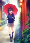  absurdres alley bag bag_charm bangs black_footwear blue_eyes blue_sweater blurry blurry_background blurry_foreground bow bowtie brown_skirt charm_(object) day eyebrows_visible_through_hair flower_pot full_body fuyuno_yuuki highres holding holding_umbrella kneehighs lantern loafers long_hair long_sleeves looking_away looking_to_the_side navy_blue_legwear original outdoors parted_lips plaid plaid_skirt plant pleated_skirt potted_plant puddle purple_hair rain red_bow red_neckwear school_bag shoes shoulder_bag signature skirt smile solo_focus stone_floor sweater umbrella walking wall water 