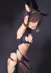  arms_up bdsm black_hair blush bodysuit bondage bound breath chain hairband hatsuzuki_(kantai_collection) highres kantai_collection open_mouth panties red_panties restrained sanhon scratches simple_background solo torn_clothes underwear yellow_eyes 