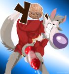  2018 animal_genitalia animal_penis anthro balls canine canine_penis cereal_mascot chip_the_wolf clothed clothing cookie_crisp cum digital_media_(artwork) erection fur knot looking_at_viewer male mammal penis simple_background skittleytwix smile solo standing text 