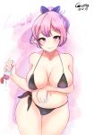  1girl bikini breasts eyebrows_visible_through_hair hair_ornament highres looking_at_viewer lotion lucid maplestory pink_eyes pink_hair qualthis smile swimsuit 