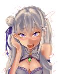  1girl blush braid breasts cleavage crown_braid dress emilia_(re:zero) female flower hair_flower hair_ornament hikkimora large_breasts long_hair looking_at_viewer open_mouth pointy_ears purple_eyes re:zero_kara_hajimeru_isekai_seikatsu silver_hair simple_background solo tied_hair white_background white_dress wide_sleeves 