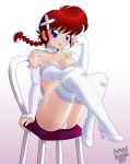  1girl artist_name blue_eyes bra braid breasts bridal_gauntlets bug butterfly chair choker cleavage danmakuman dated eyebrows_visible_through_hair full_body gradient gradient_background hair_ornament high_heels insect large_breasts legs_up looking_at_viewer open_mouth panties pink_background ranma-chan ranma_1/2 red_hair short_hair sitting smile solo thighhighs tongue underwear white_background white_bra white_legwear white_panties 