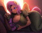  2018 anthro big_breasts breasts clothed clothing duo equine female fluttershy_(mlp) friendship_is_magic hair huge_breasts maarthul male mammal my_little_pony pegasus pillow pink_hair scalie size_difference smaller_male spike_(mlp) wings 