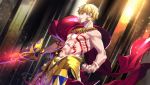  abs bare_arms blonde_hair cape chest cowboy_shot ea_(fate/stay_night) earrings fate/grand_order fate_(series) faulds fingernails from_side gilgamesh grin holding holding_sword holding_weapon jewelry lock_earrings male_focus necklace parted_lips red_cape red_eyes shirtless smile solo standing sword tattoo tenobe weapon 